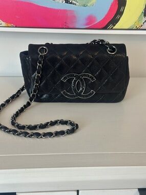 Chanel Quilted CC Crystal Black Leather Shoulder Bag with Chain Strap